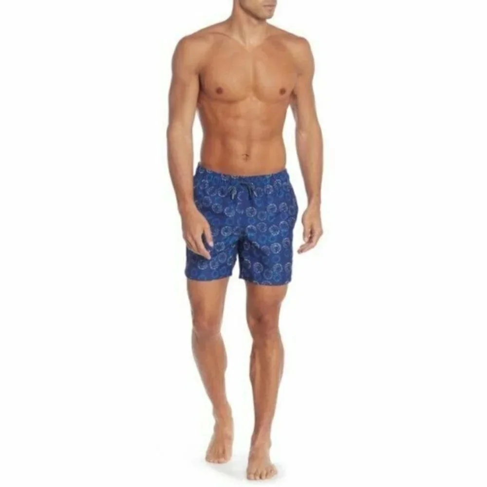 Slate & Stone Mens Blue Geo Print Pockets Swim Trunks Swimwear Sz L New